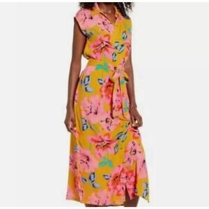 Billabong Size Medium Hawaiian Tropical Midi Shirt Dress Pink Yellow Tie Waist